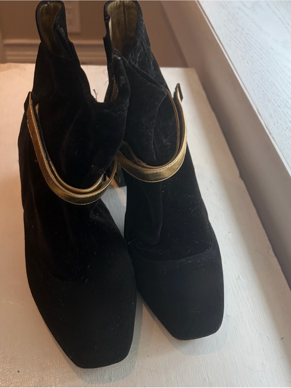Moschino Black Velvet Ankle Boots with Gold Strap and Logo Heel